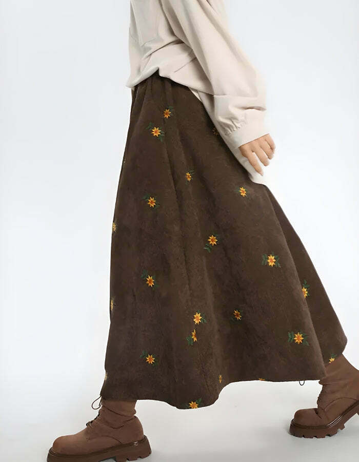 Sunflower Embroidered Corduroy Maxi Skirt - Trendy Y2K Fashion for Stylish Outfits