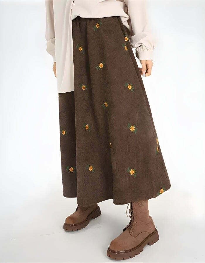 Sunflower Embroidered Corduroy Maxi Skirt - Trendy Y2K Fashion for Stylish Outfits