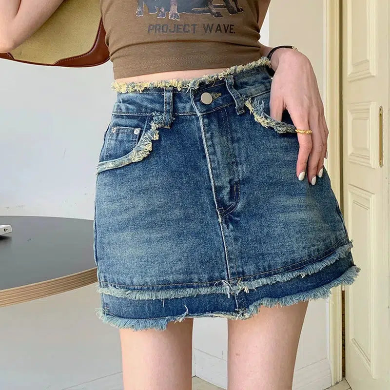 Tasseled Denim Mini Skort - Trendy Y2K Style Denim Skort for Fashion-Forward Looks