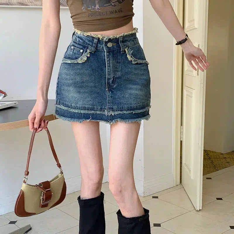 Tasseled Denim Mini Skort - Trendy Y2K Style Denim Skort for Fashion-Forward Looks