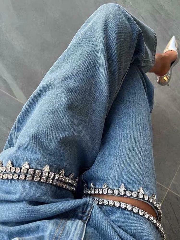 Trendy Baddie Embellished Cut-Out Jeans for Y2K Fashion Lovers - Stylish Baggy Fit