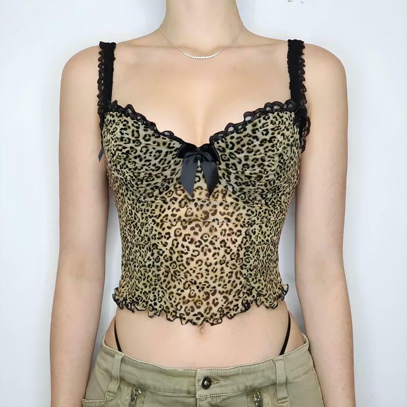 Trendy Baddie Leopard Mesh Top for Y2K Style - Perfect for Fashion-Forward Looks