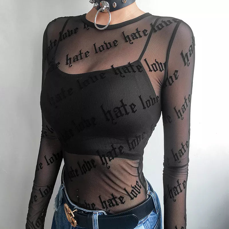 Trendy Baddie Love Hate Sheer Mesh Top - Y2K Style Clothing for Men & Grunge Fashion