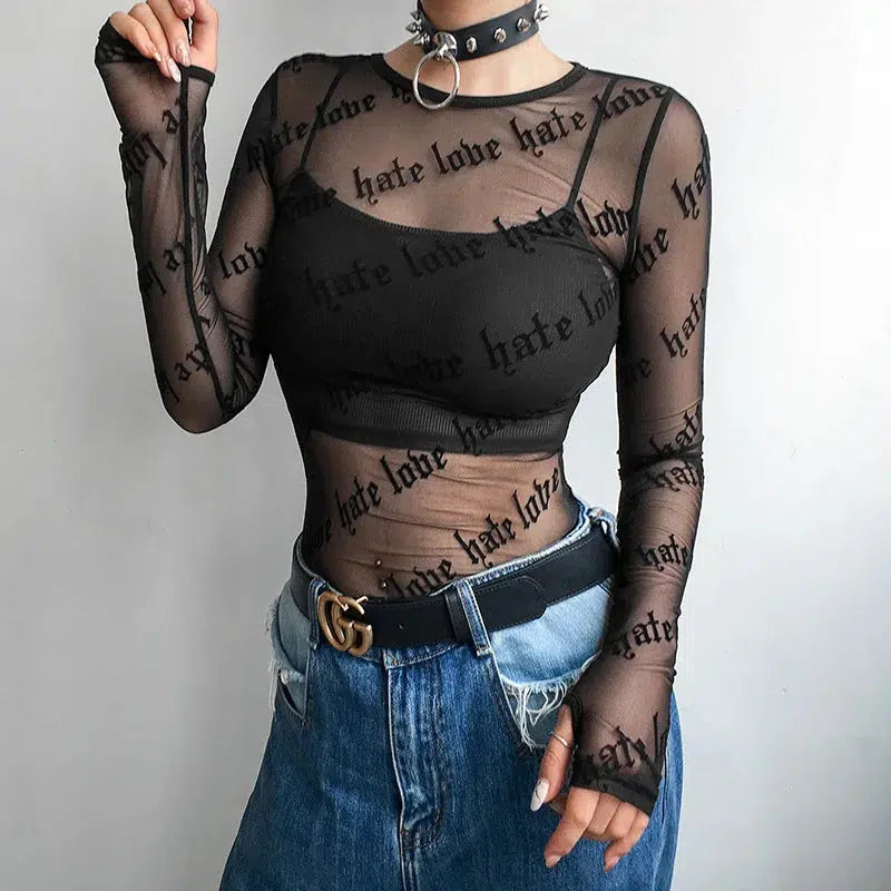 Trendy Baddie Love Hate Sheer Mesh Top - Y2K Style Clothing for Men & Grunge Fashion