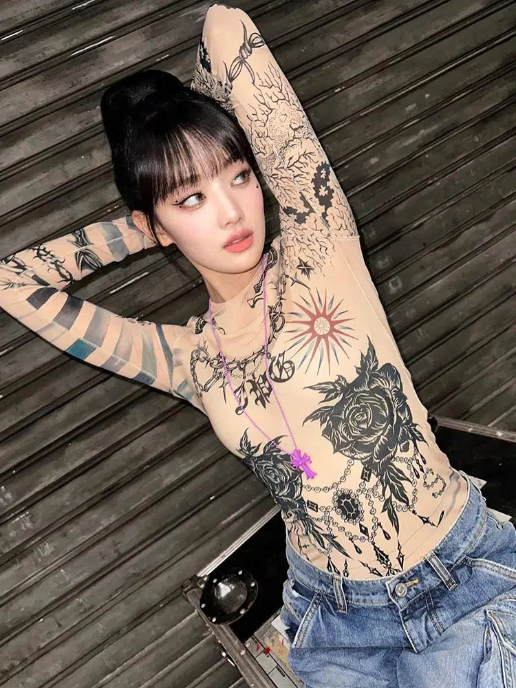 Trendy Baddie Mesh Tattoo Top for Y2K Style - Must-Have Y2K Clothing for Fashion Lovers