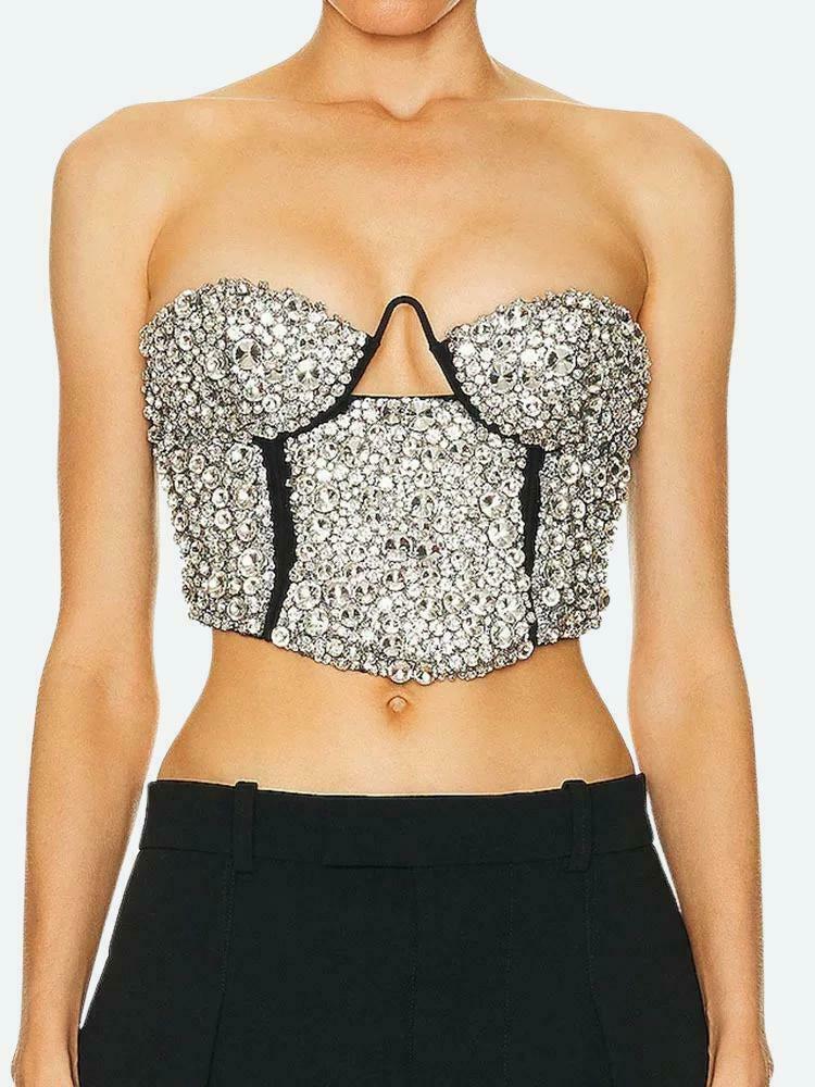 Trendy Baddie Rhinestone Bustier Crop Top - Korean Y2K Fashion Statement Piece