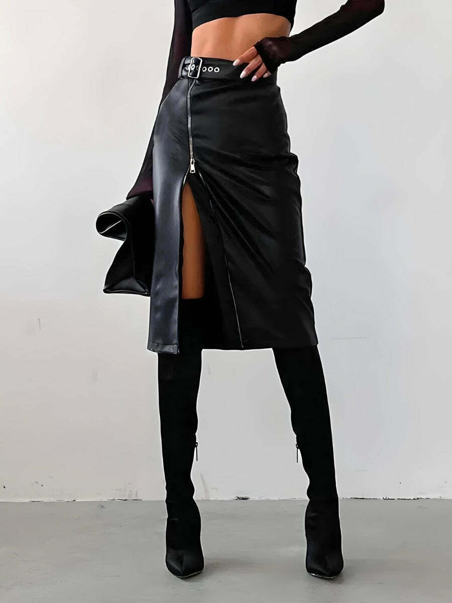 Trendy Baddie Zip Up Slit Midi Pencil Skirt - Korean Y2K Fashion Essential for Stylish Looks