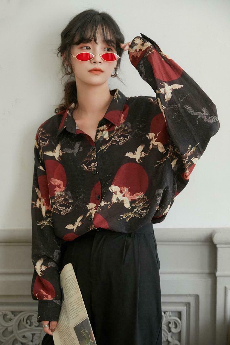 Trendy Bird Pattern Long Sleeve Shirt for Y2K Style Outfits and High Fashion Looks