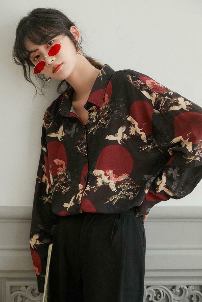 Trendy Bird Pattern Long Sleeve Shirt for Y2K Style Outfits and High Fashion Looks