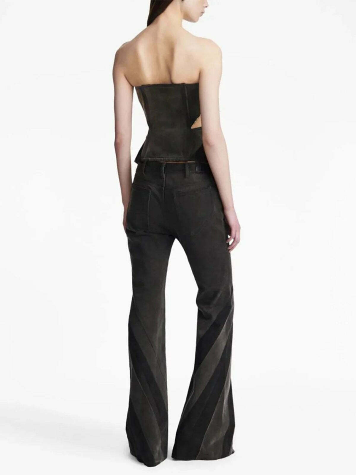 Trendy Black Denim Tube Top & Patch Jeans Two-Piece Set for Y2K Fashion Enthusiasts