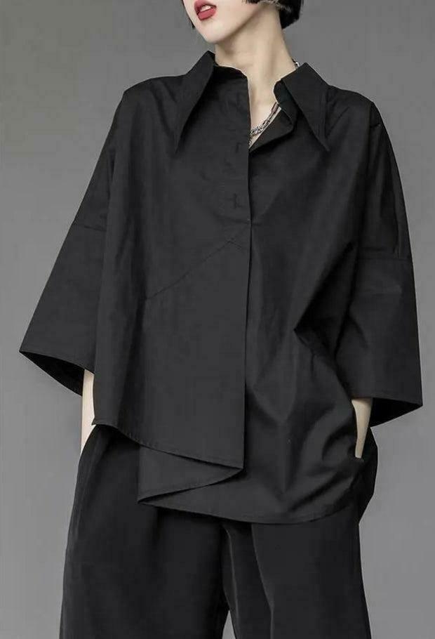 Trendy Black Korean Asymmetric Shirt for Y2K Style Enthusiasts - Unique Fashion Statement