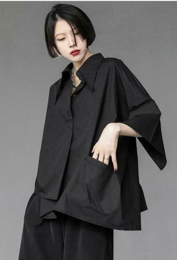 Trendy Black Korean Asymmetric Shirt for Y2K Style Enthusiasts - Unique Fashion Statement