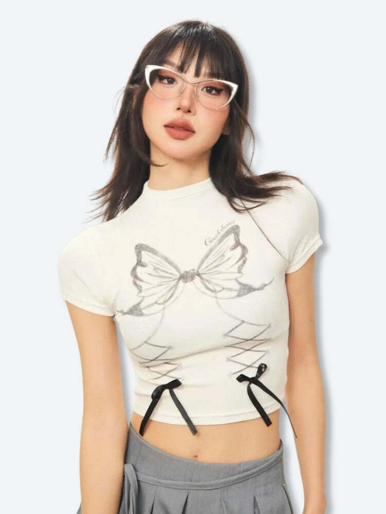 Trendy Butterfly Crop Top in Lace and Denim - Y2K Fashion Inspired Korean Style