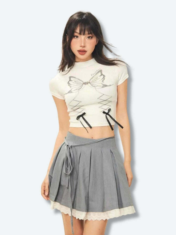 Trendy Butterfly Crop Top in Lace and Denim - Y2K Fashion Inspired Korean Style