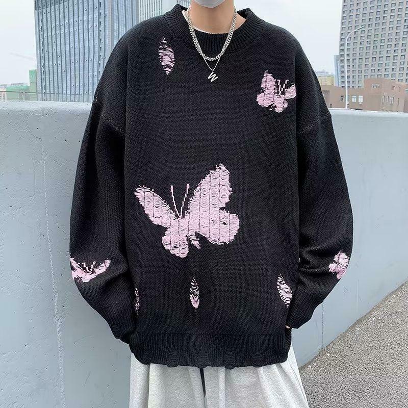 Trendy Butterfly Distressed Knitted Sweater in Pink - Y2K Fashion Essential