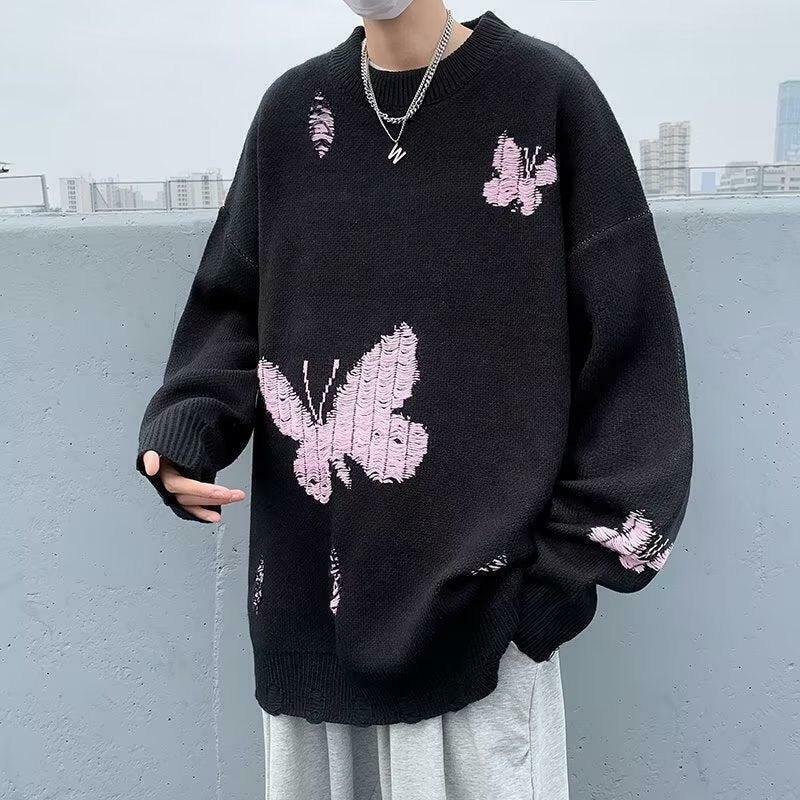 Trendy Butterfly Distressed Knitted Sweater in Pink - Y2K Fashion Essential