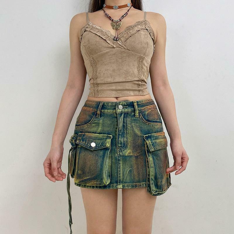 Trendy Cargo Denim Mini Skirt for Y2K Style Outfits - Grunge Fashion Essential