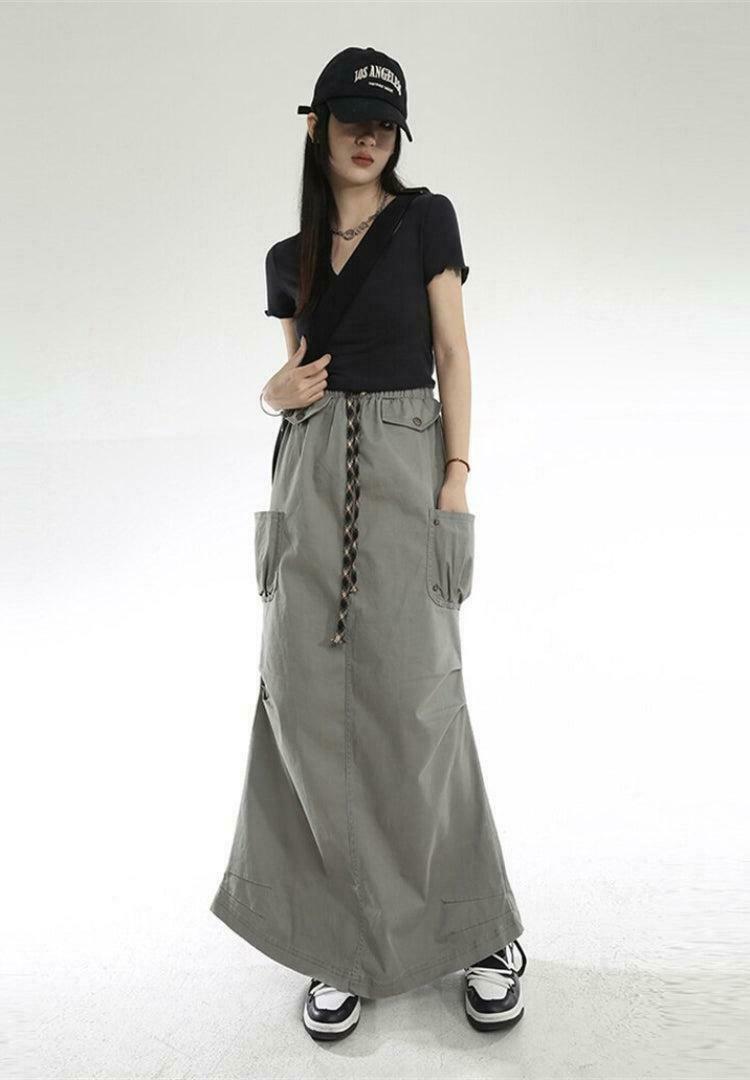 Trendy Cargo Pockets Parachute Maxi Skirt - Y2K Style for Fashion-Forward Looks