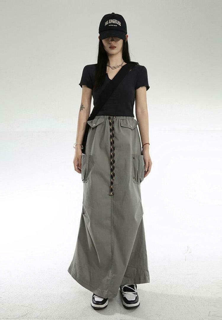 Trendy Cargo Pockets Parachute Maxi Skirt - Y2K Style for Fashion-Forward Looks