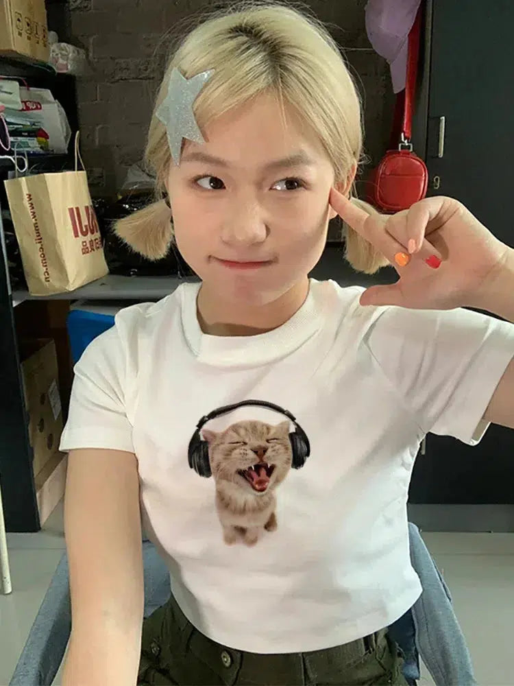 Trendy Cat with Earphones Tee - Embrace Korean Y2K Fashion for a Stylish Look