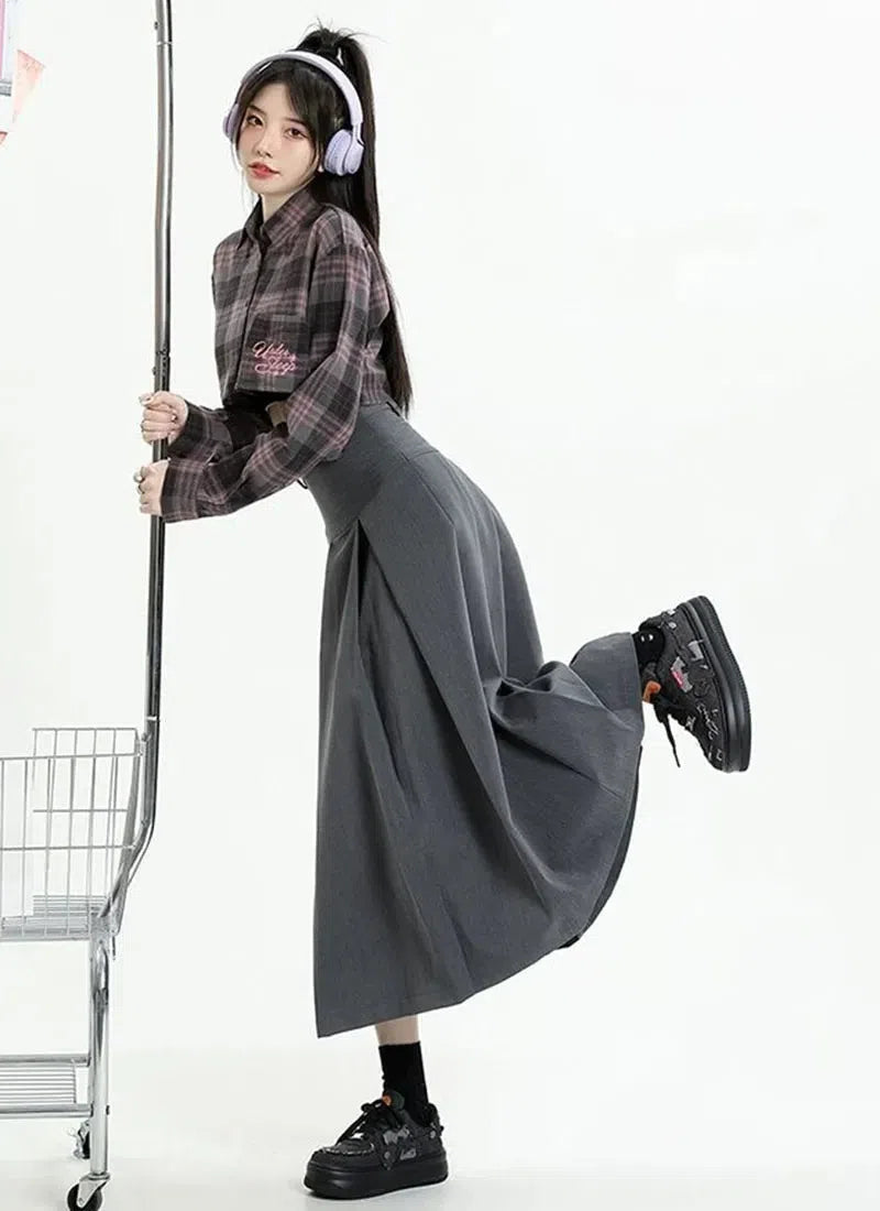 Trendy College Girl Pleated A-Line Midi Skirt - Embrace Y2K Fashion with Korean Style