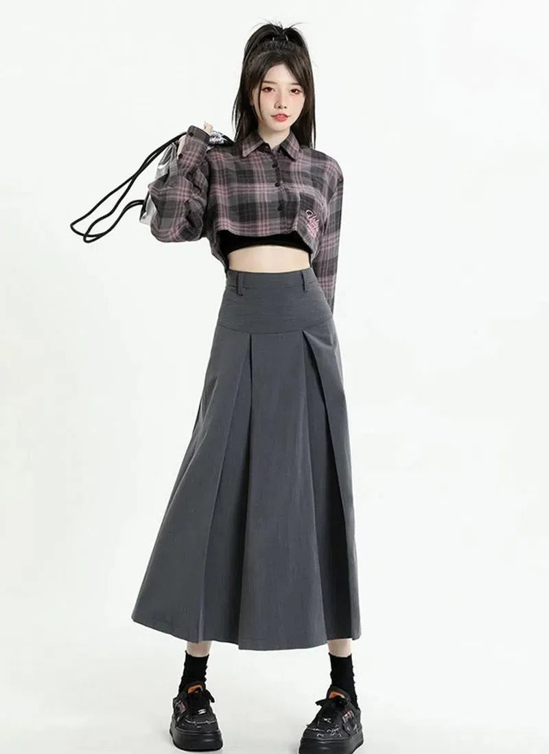 Trendy College Girl Pleated A-Line Midi Skirt - Embrace Y2K Fashion with Korean Style