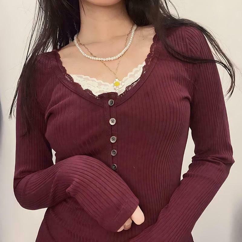 Trendy Corduroy Lace Trim Top - Embrace Korean Y2K Fashion with Chic Style