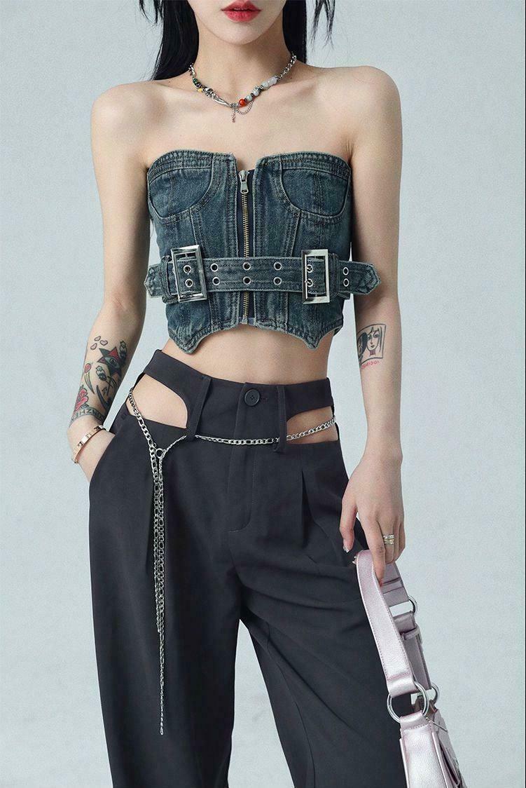 Trendy Cowgirl Crop Denim Tube Top - Y2K Fashion Essential for Retro Style Lovers