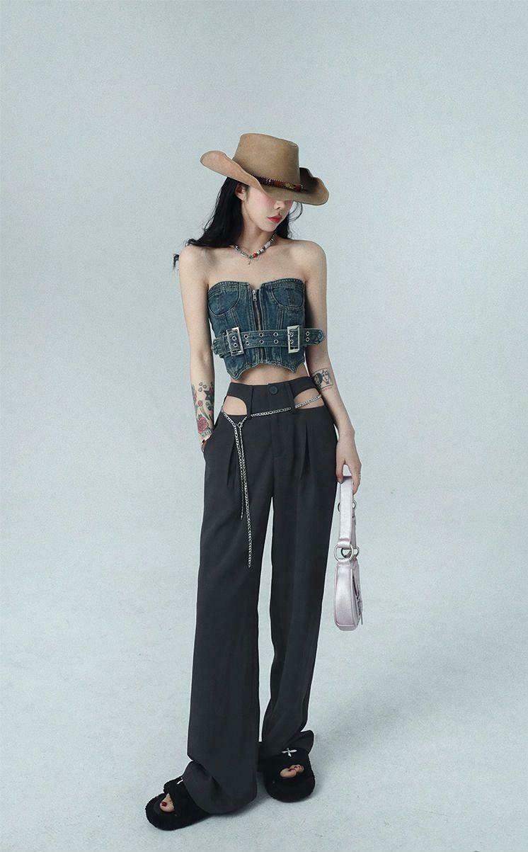 Trendy Cowgirl Crop Denim Tube Top - Y2K Fashion Essential for Retro Style Lovers