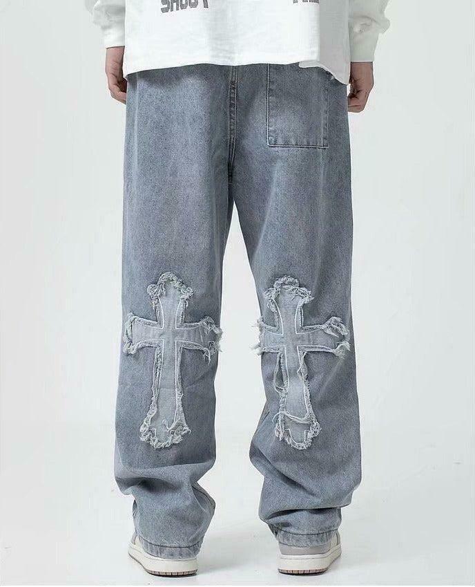 Trendy Cross Patchwork Baggy Jeans for Y2K Style Fashion - Retro Pink Patchwork Denim