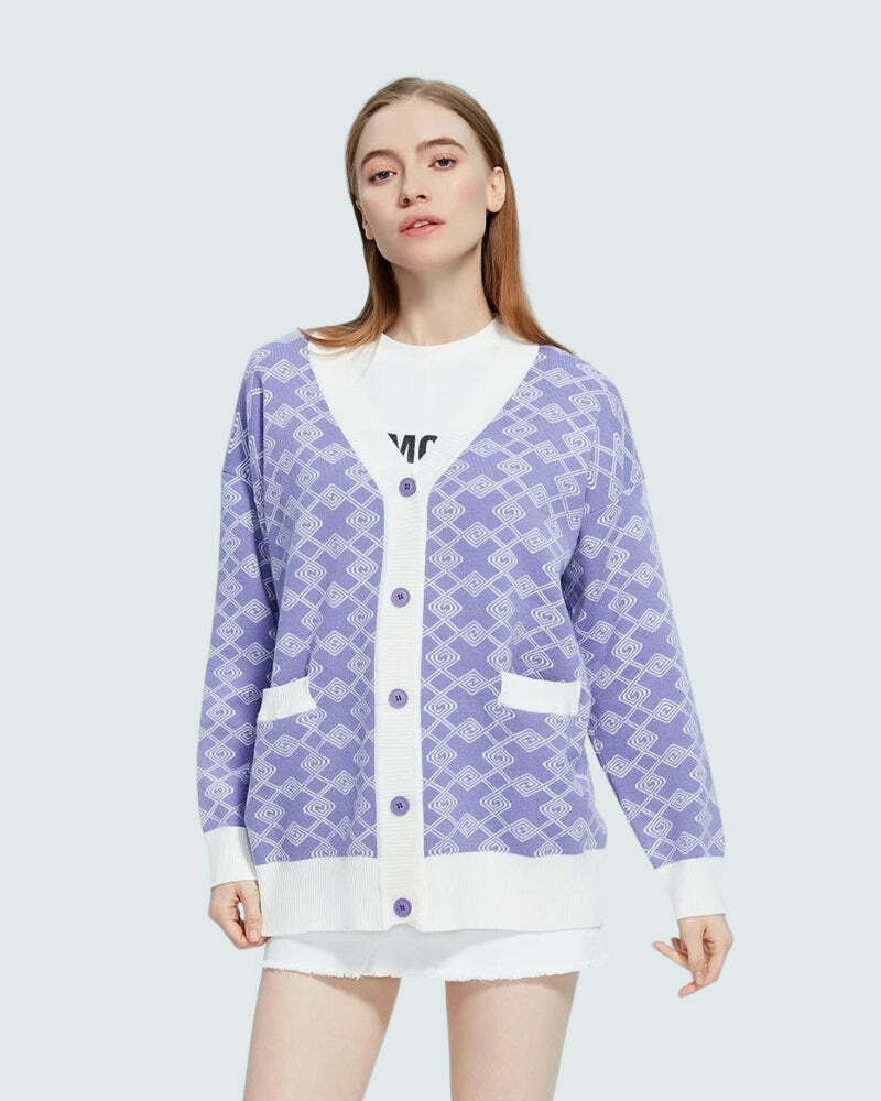 Trendy Cross Pattern Buttoned Purple Cardigan for Y2K Style and Grunge Fashion Lovers