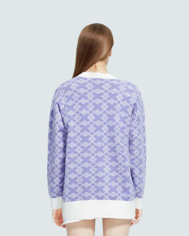 Trendy Cross Pattern Buttoned Purple Cardigan for Y2K Style and Grunge Fashion Lovers