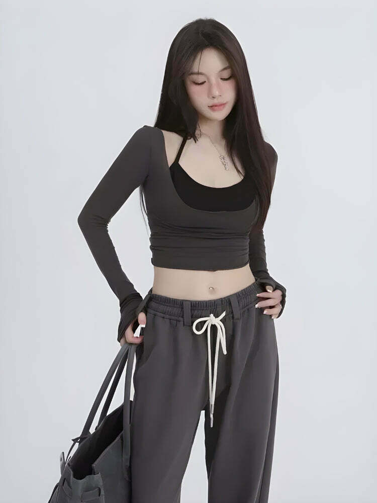 Trendy Deep Scoop Neck Two Piece Set Top - Korean Y2K Fashion for a Chic Look