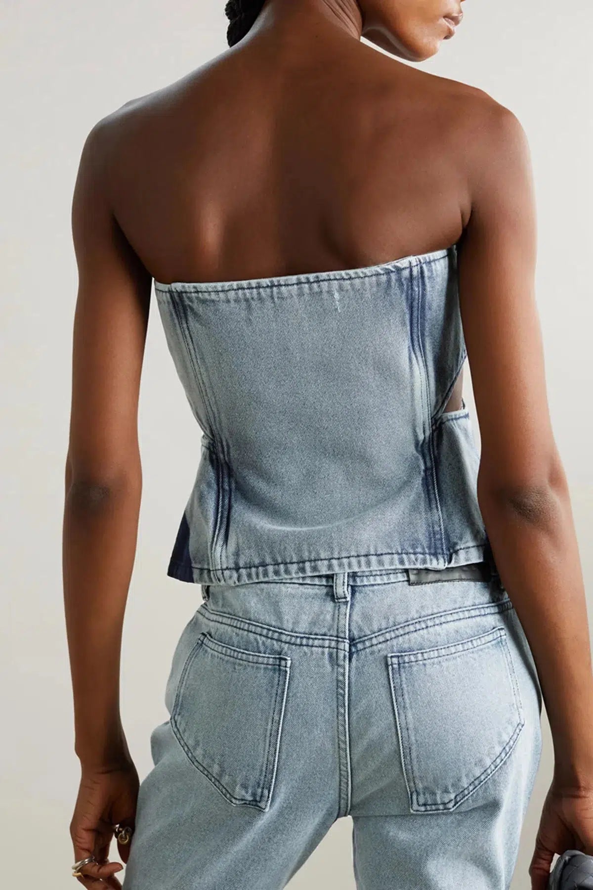 Trendy Denim Cut Out Tube Top & Patch Jeans Two-Piece Set for Y2K Fashion Lovers