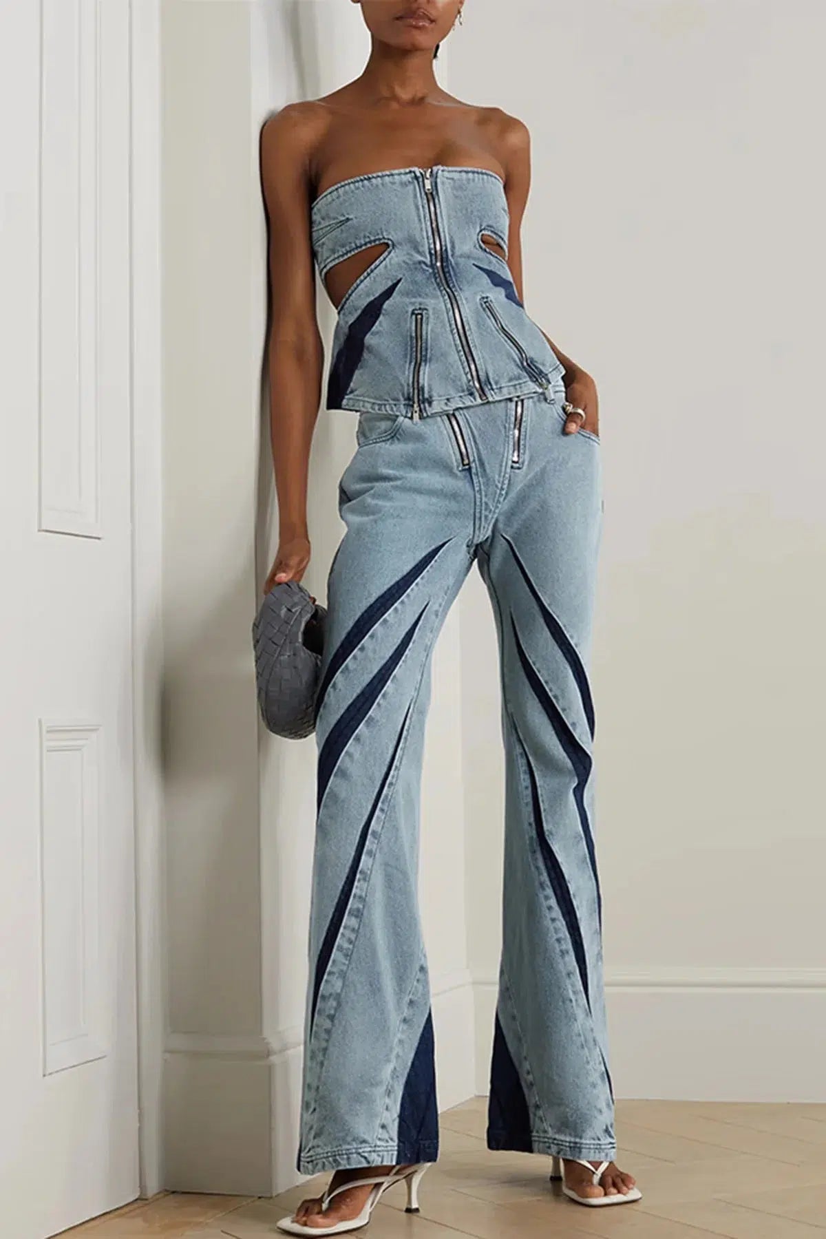 Trendy Denim Cut Out Tube Top & Patch Jeans Two-Piece Set for Y2K Fashion Lovers