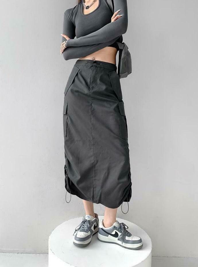 Trendy Drawstring Parachute Midi Skirt for Y2K Style Outfits and Retro Fashion Lovers