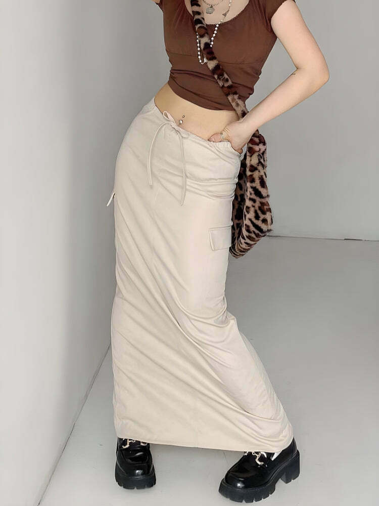 Trendy Drawstring Waist Parachute Maxi Skirt - Y2K Style for Fashion-Forward Looks