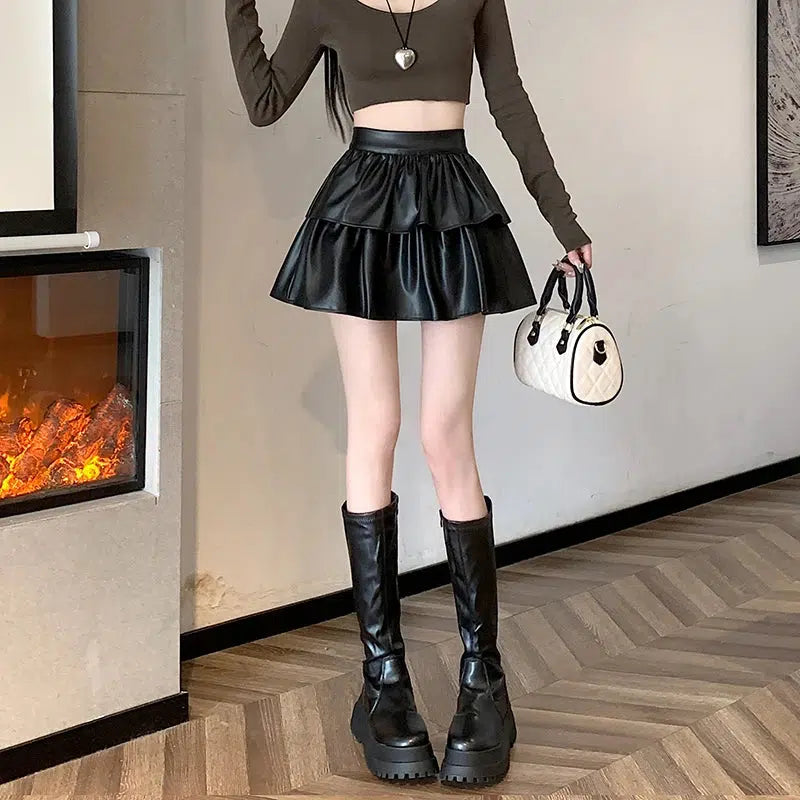 Trendy Faux Leather A-Line Mini Skirt for Y2K Fashion Lovers - Korean & Asian Styles