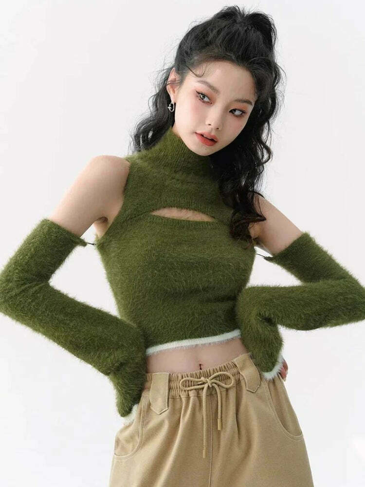 Trendy Fluffy Crop Sweater Top for Y2K Style Outfits - Perfect for Grunge and Casual Looks