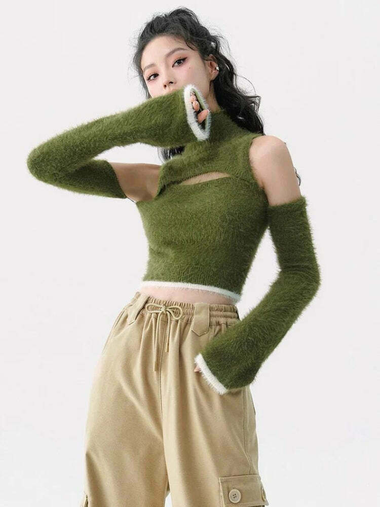 Trendy Fluffy Crop Sweater Top for Y2K Style Outfits - Perfect for Grunge and Casual Looks