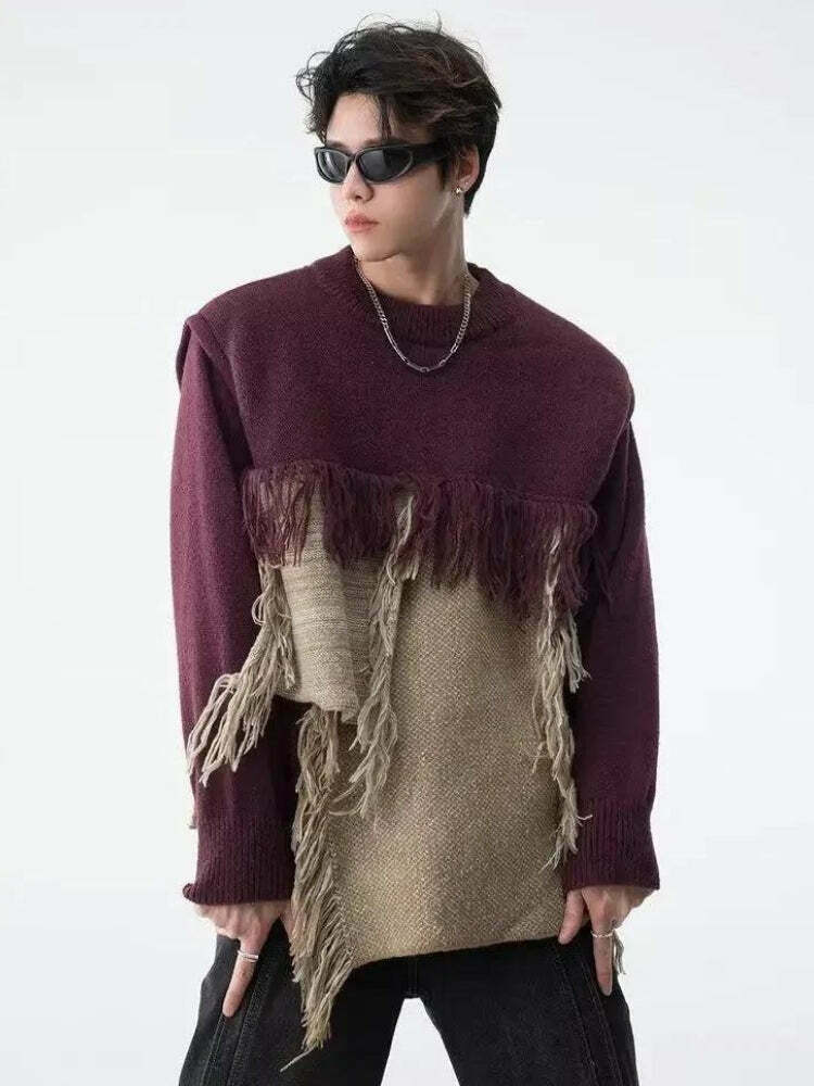 Trendy Fringe Patchwork Knitted Sweater - Y2K Style Clothing for Unique Fashion Statements