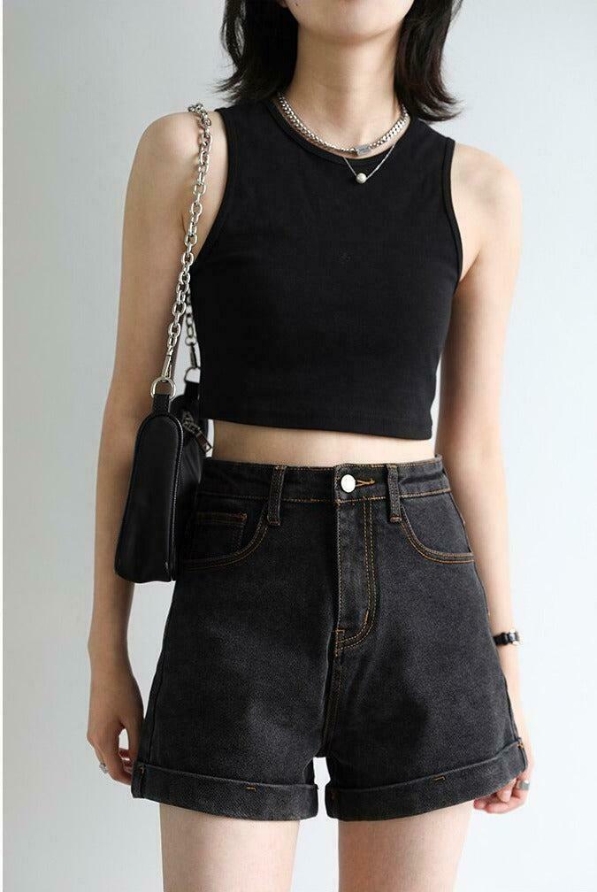 Trendy Grunge Black Jean Shorts for Y2K Fashion Lovers - Korean & Asian Style