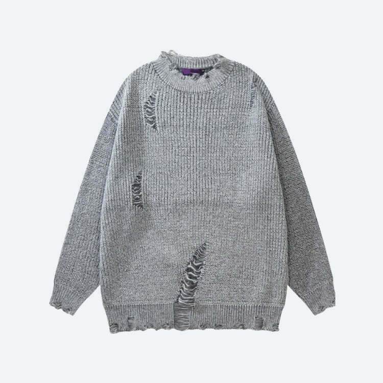 Trendy Grunge Distressed Knitted Sweater - Y2K Vintage Style for Fashion Enthusiasts