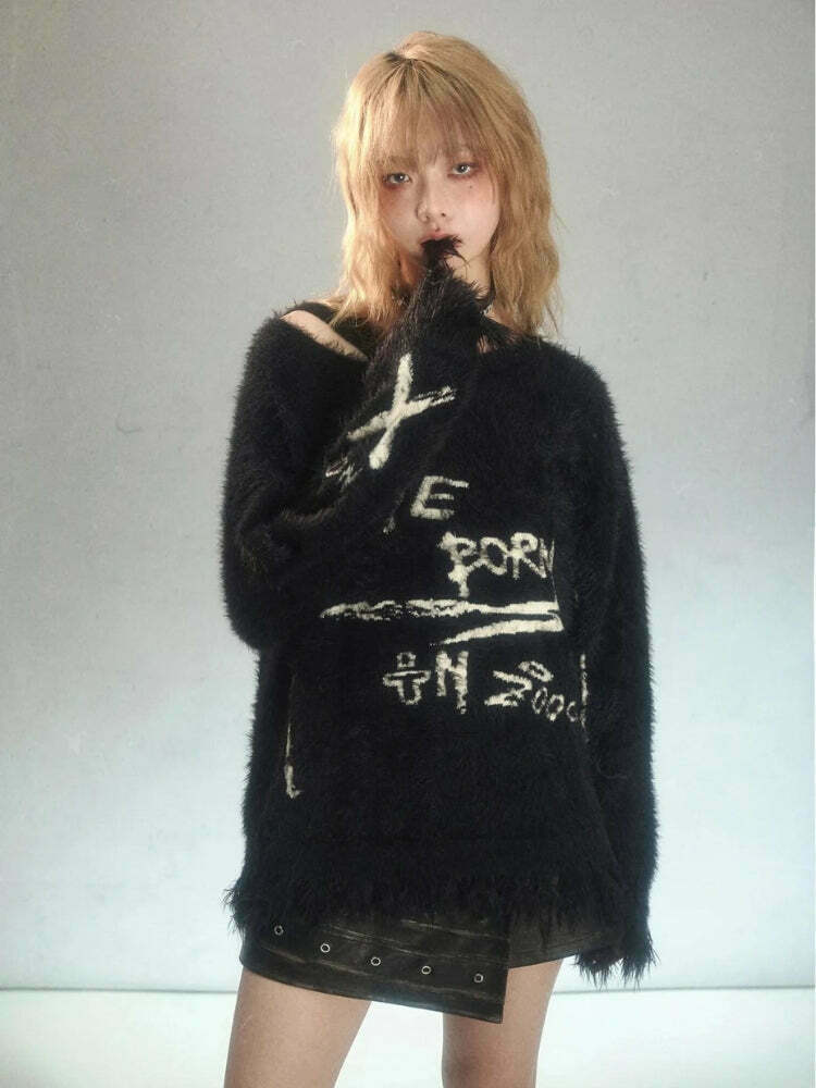 Trendy Grunge Fluffy Knitted Sweater for Y2K Style Couples and Fashion Enthusiasts