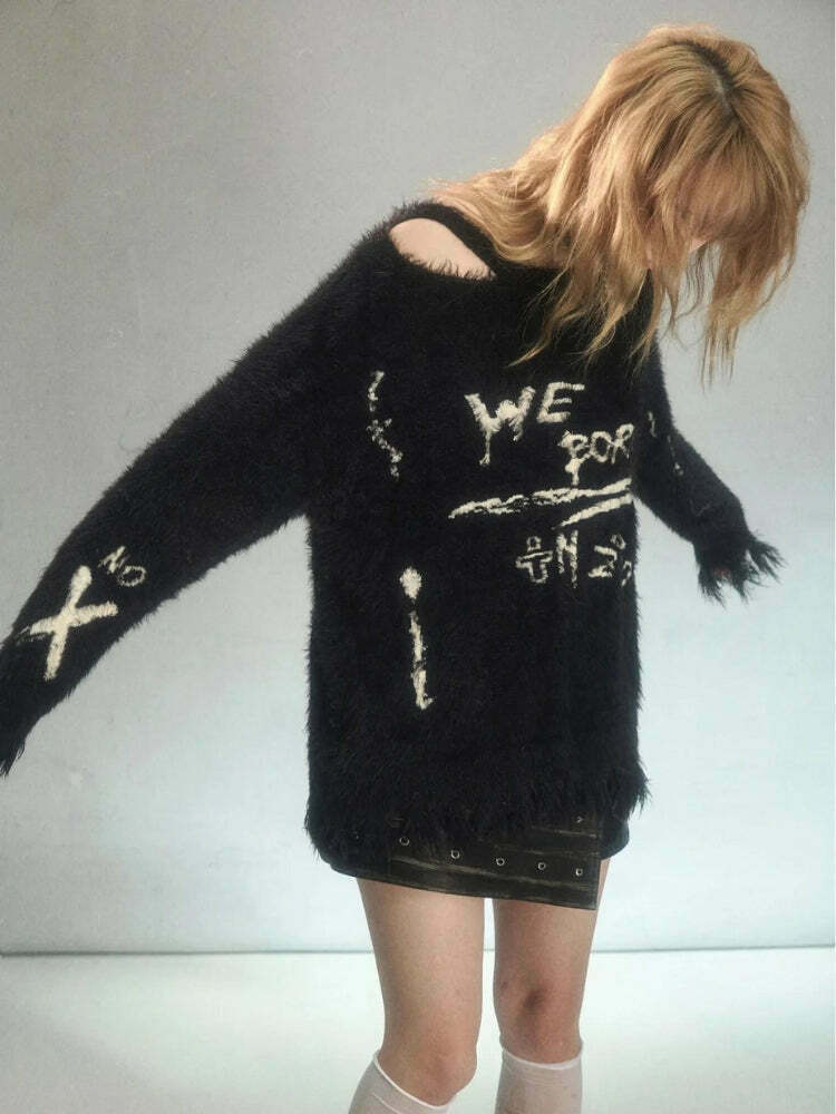 Trendy Grunge Fluffy Knitted Sweater for Y2K Style Couples and Fashion Enthusiasts