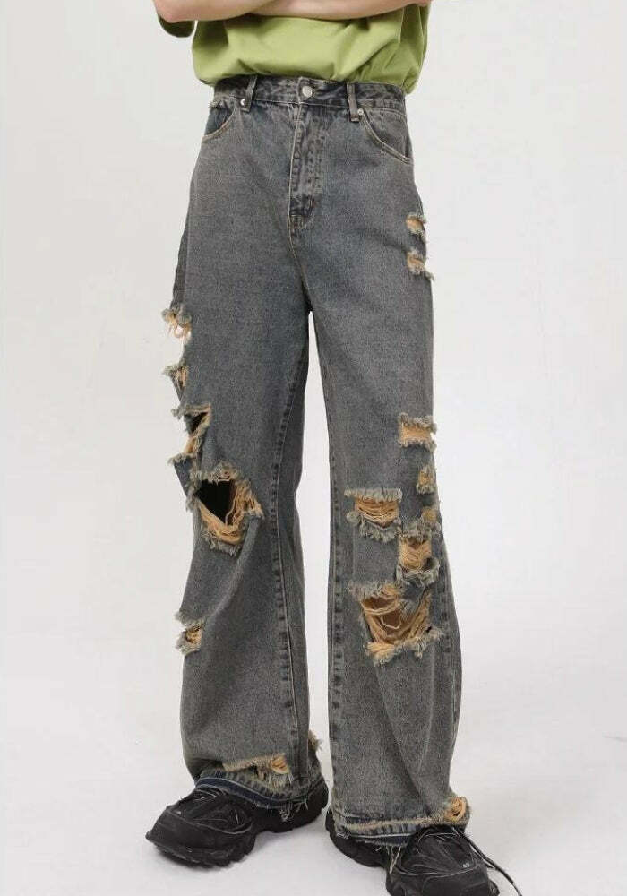 Trendy Grunge Ripped Straight Leg Jeans for Y2K Style Outfits and Fashion Lovers