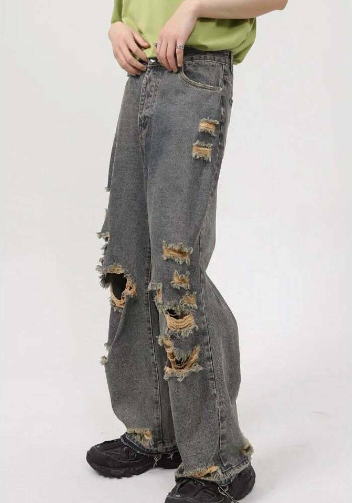 Trendy Grunge Ripped Straight Leg Jeans for Y2K Style Outfits and Fashion Lovers