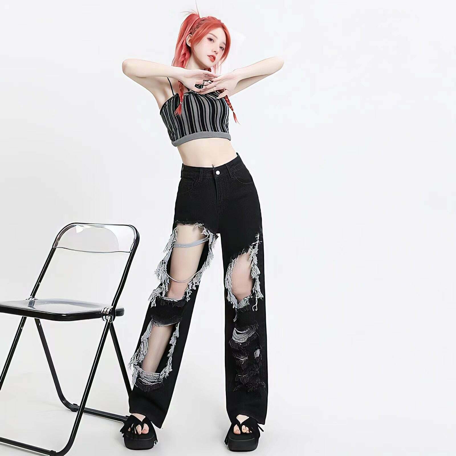 Trendy Grunge Ripped Wide Leg Jeans for Y2K Fashion - Perfect for Summer and Fall Outfits