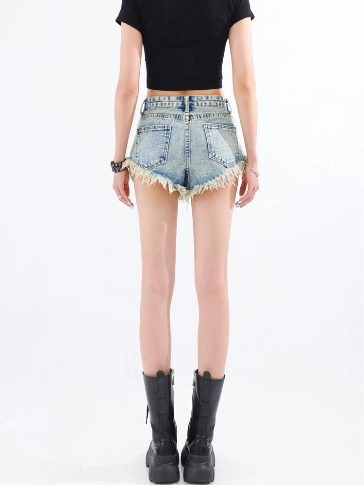 Trendy Grunge Tasseled Denim Shorts for Y2K Style Outfits and Retro Fashion Lovers