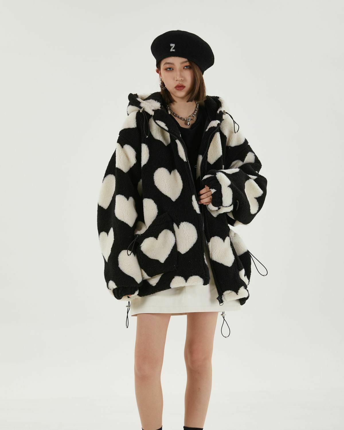 Trendy Heart Pattern Hooded Jacket - Y2K Japan Style for Fashion-Forward Outfits